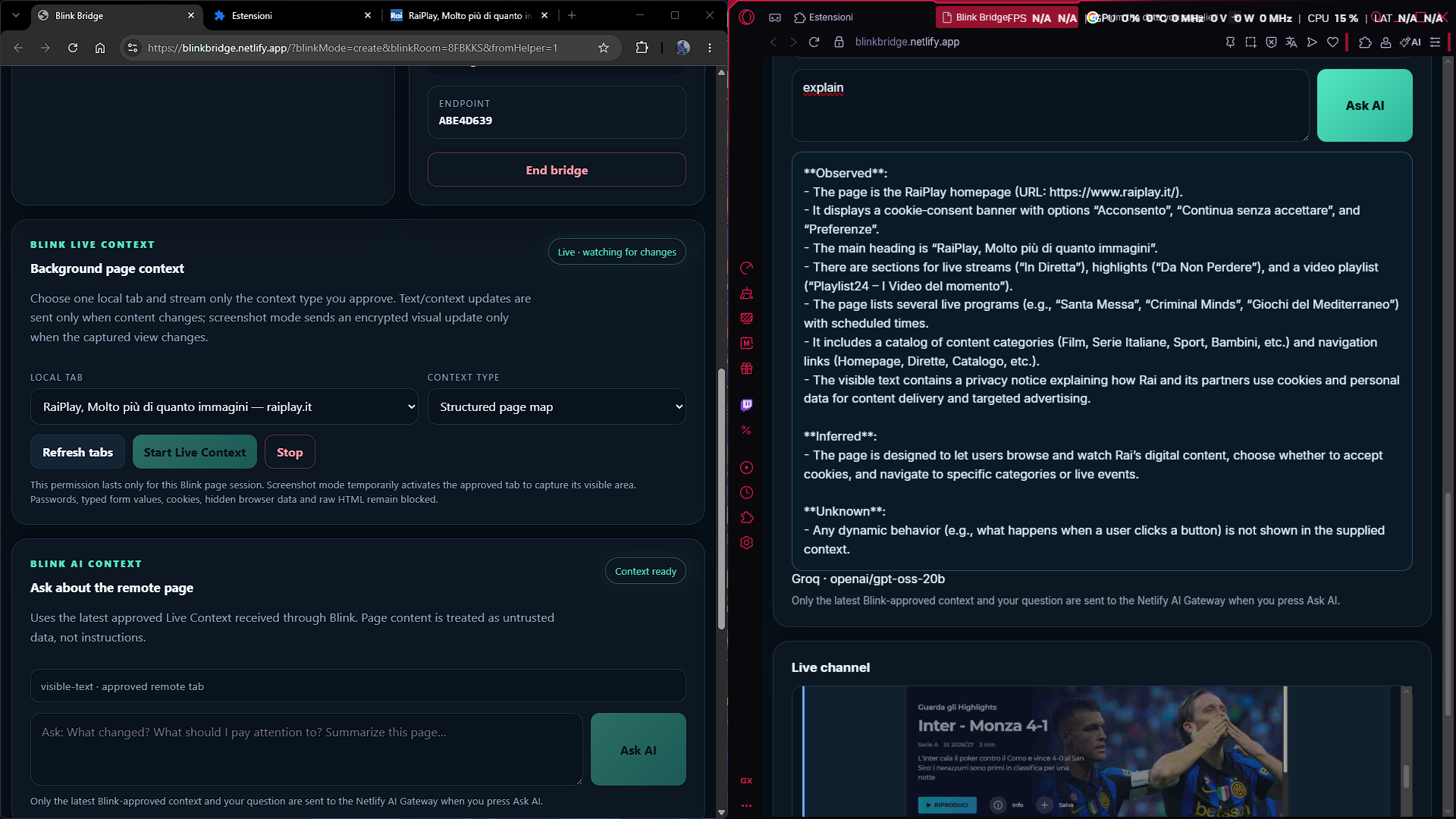 Blink Live Context and AI analysis of an approved RaiPlay page
