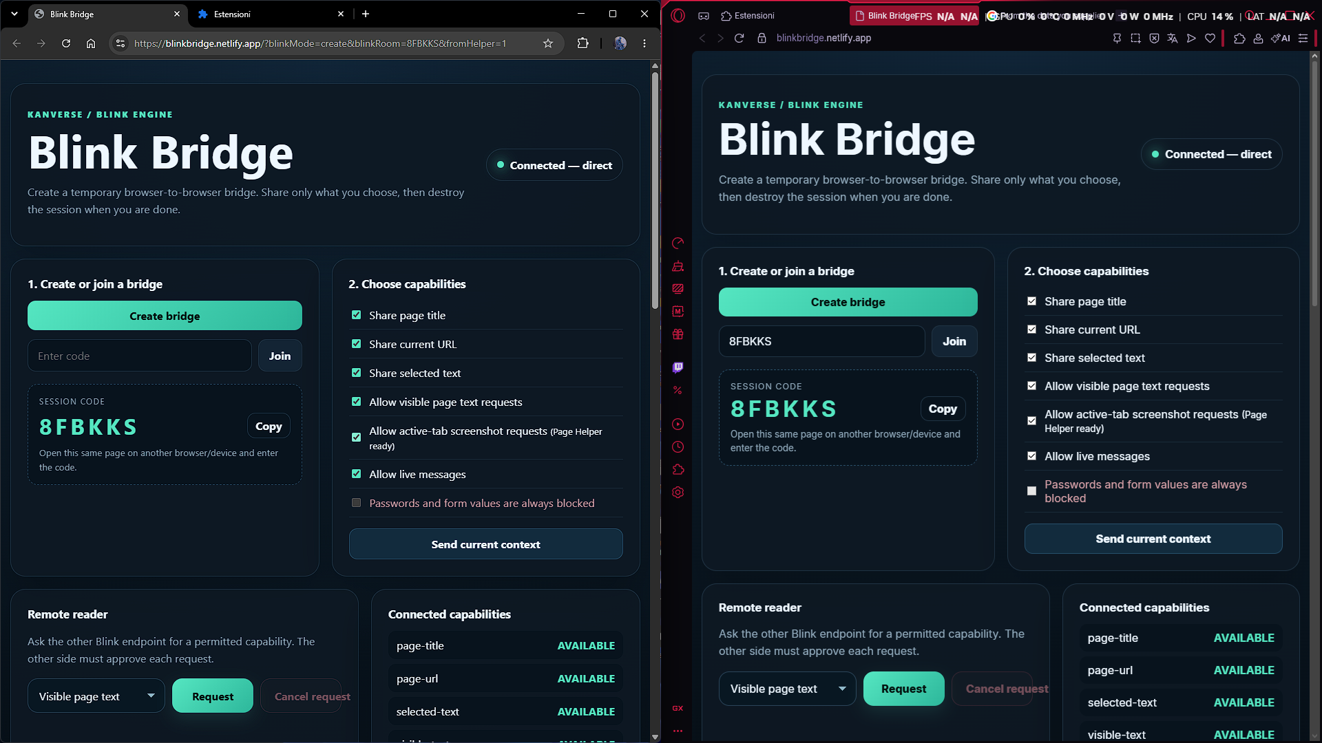 Blink Bridge connected directly across two browser endpoints